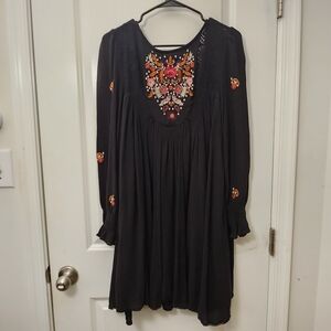 Free People - black rayon pleated embroidered dress